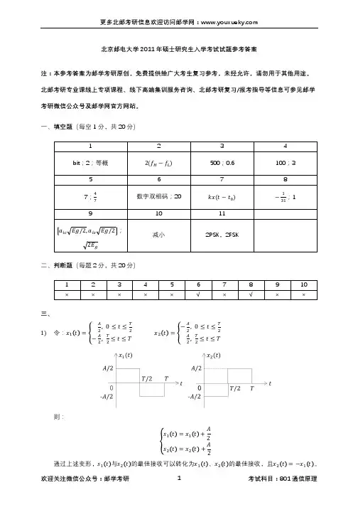 北京邮电大学2011年801通信原理考研真题参考答案