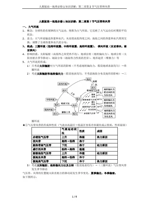 人教版高一地理必修1知识讲解：第二章第2节气压带和风带