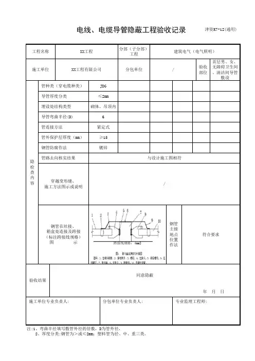 电线、电缆导管隐蔽工程验收记录-津资K7-12(通用)(填写范例)