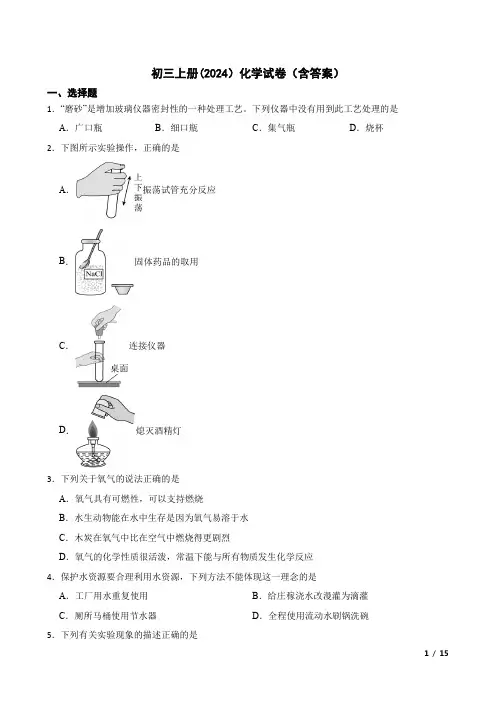 初三上册(2024)化学试卷(含答案)