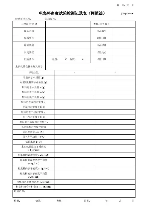 粗集料密度试验检测记录表(网篮法)