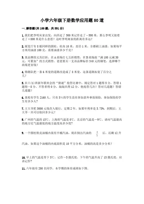 小学六年级下册数学应用题80道(典型题)