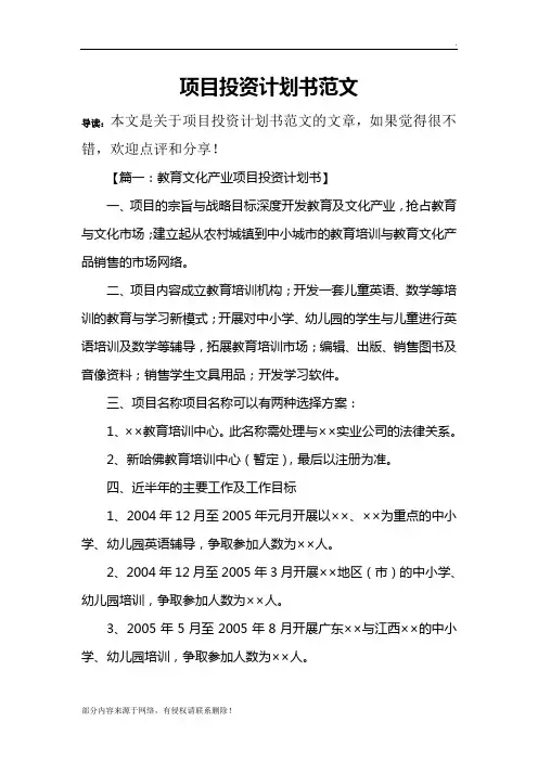 项目投资计划书范文