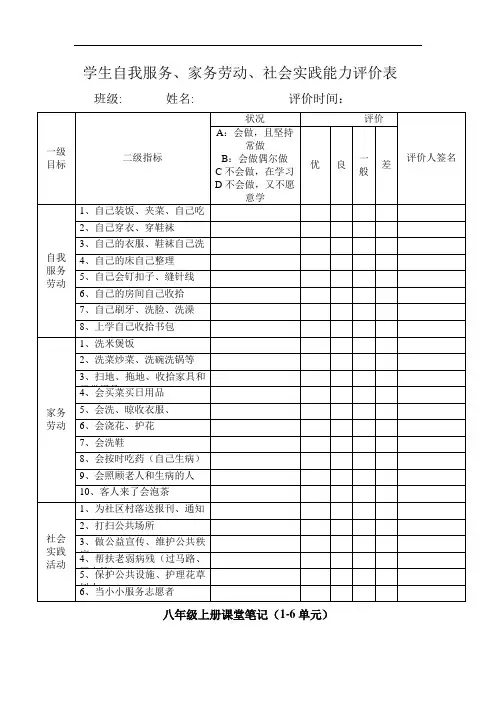 最新学生自我服务家务劳动社会实践能力评价表档教学教材