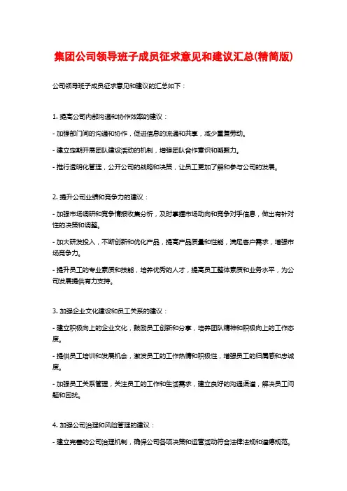 集团公司领导班子成员征求意见和建议汇总(精简版)