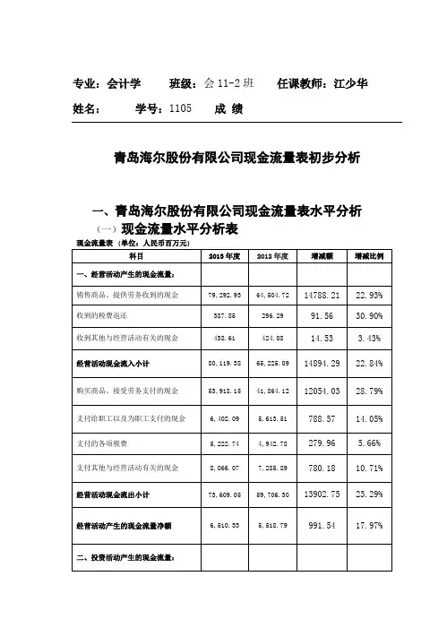 青岛海尔股份有限公司财务报表分析报告--现金流量表初步分析