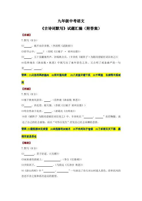 九年级中考语文《古诗词默写》试题汇编(附答案)