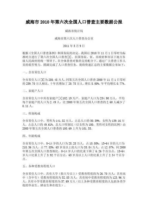 威海市2010年第六次全国人口普查主要数据公报
