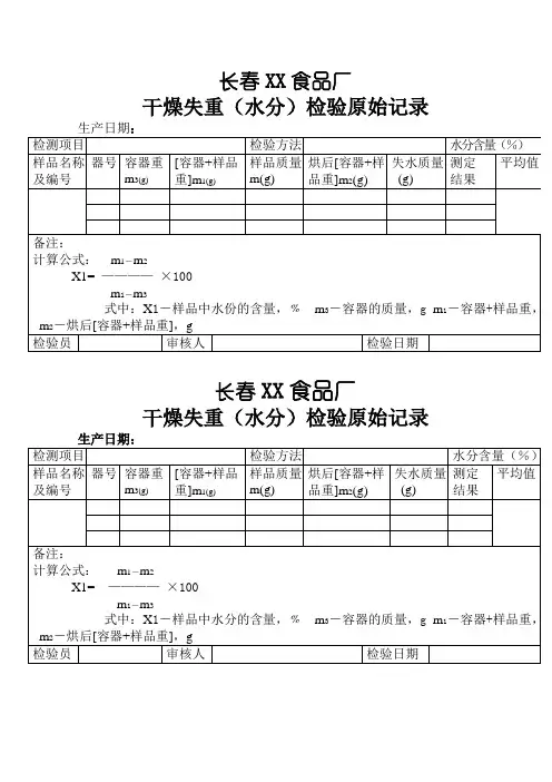 食品厂干燥失重(水分)检验原始记录