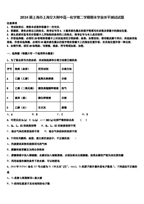 2024届上海市上海交大附中高一化学第二学期期末学业水平测试试题含解析