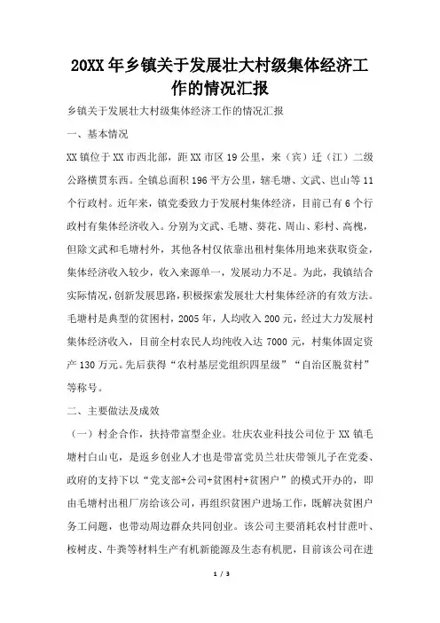 2019年乡镇关于发展壮大村级集体经济工作的情况汇报