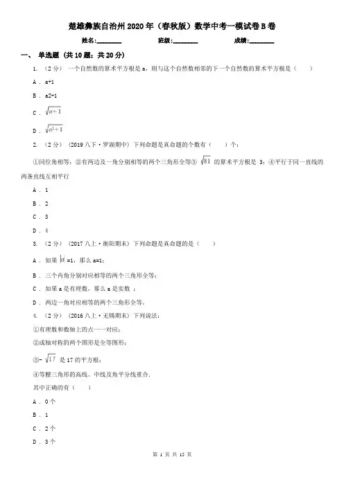 楚雄彝族自治州2020年(春秋版)数学中考一模试卷B卷