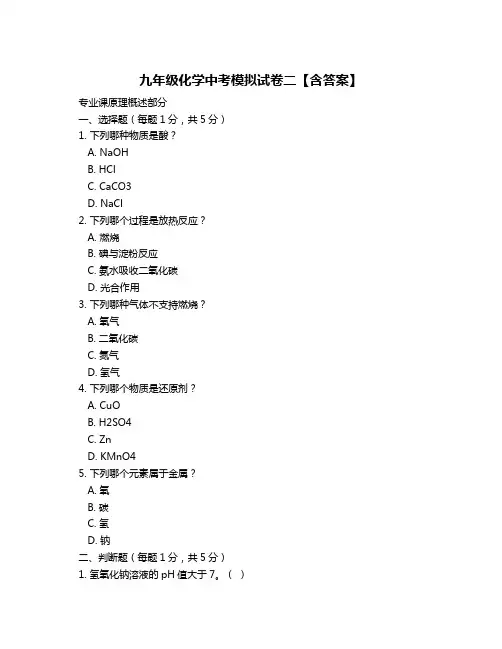 九年级化学中考模拟试卷二【含答案】