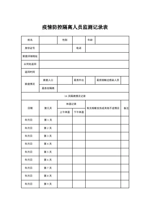 疫情防控隔离人员14天监测记录表