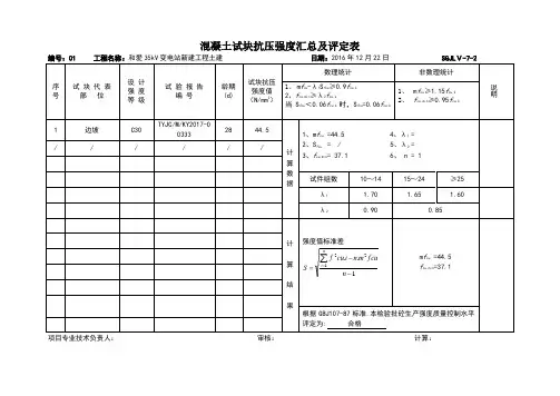 混凝土试块抗压强度汇总及评定表