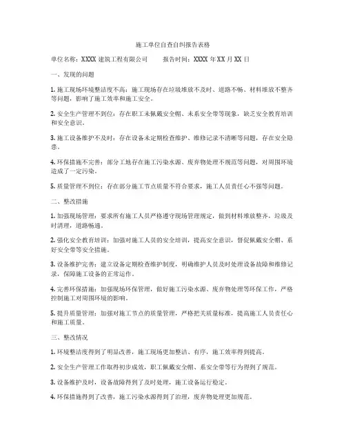施工单位自查自纠报告表格