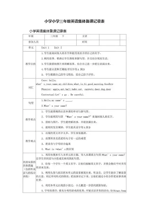 小学小学三年级英语集体备课记录表