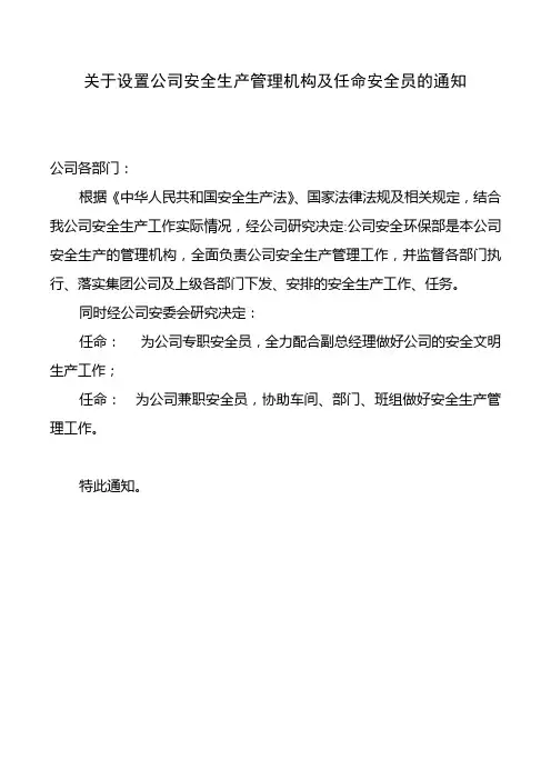 关于设置公司安全生产管理机构及任命安全员的通知