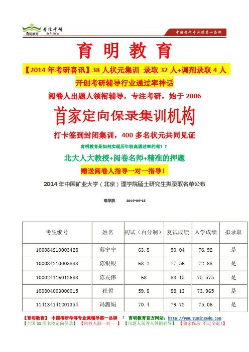 2014年中国矿业大学(北京)理学院硕士研究生拟录取名单公布