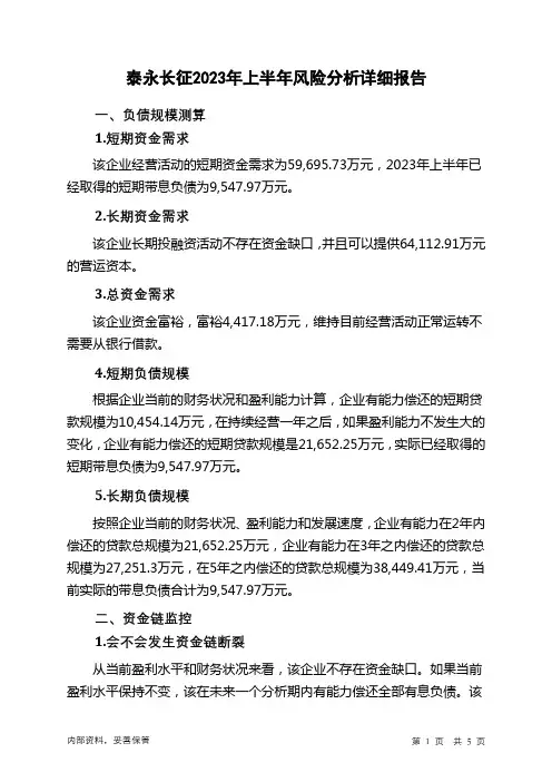 002927泰永长征2023年上半年财务风险分析详细报告