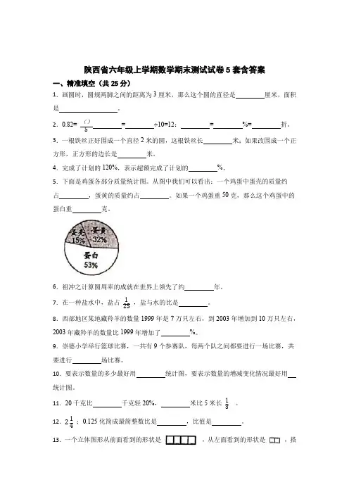 陕西省六年级上学期数学期末测试试卷含参考答案(精选5篇)