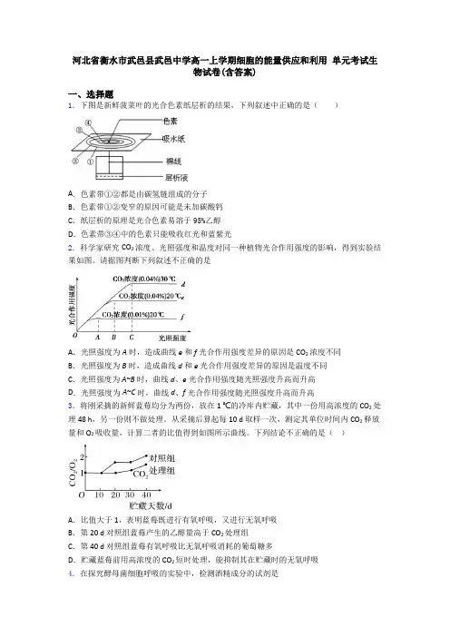 河北省衡水市武邑县武邑中学高一上学期细胞的能量供应和利用 单元考试生物试卷(含答案)
