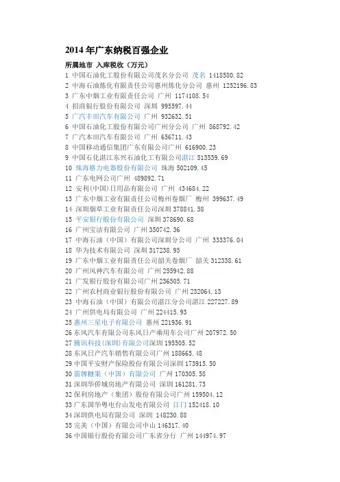 2014年广东纳税百强企业