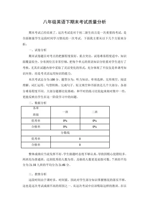 八年级英语下期末考试质量分析