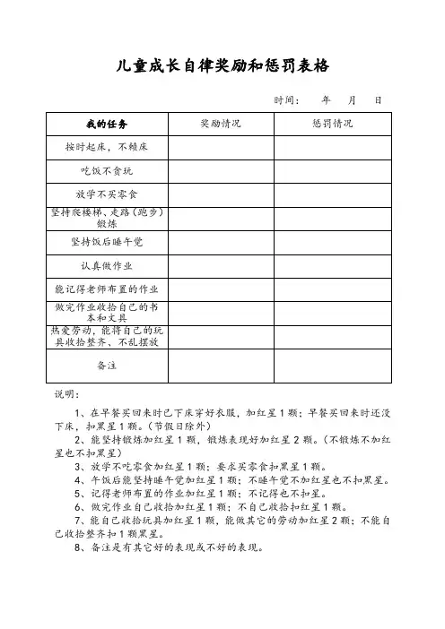 儿童成长自律奖励和惩罚表格