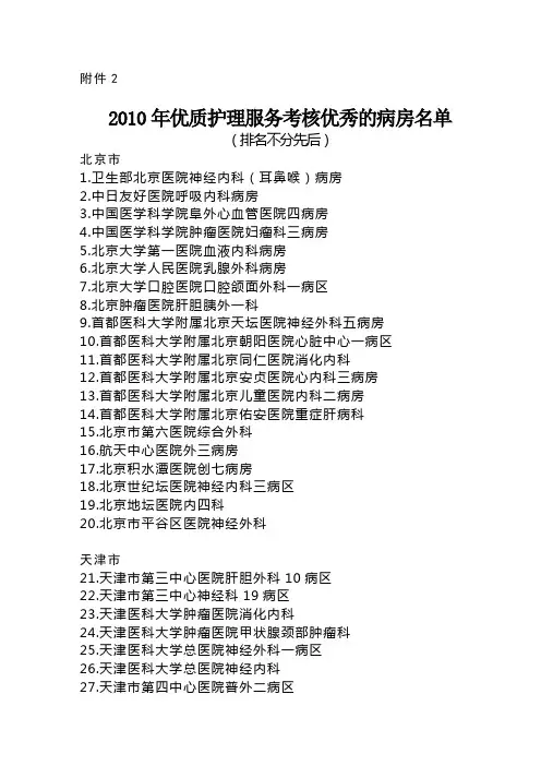2010年优质护理服务考核优秀的病房名单