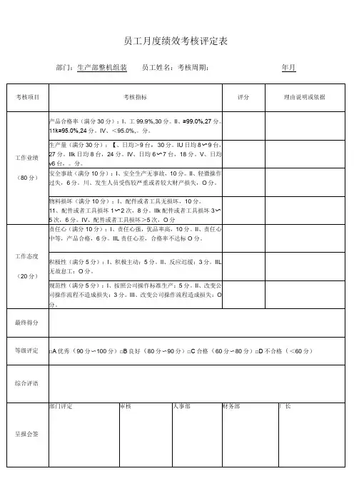 生产部整机组装考核评分