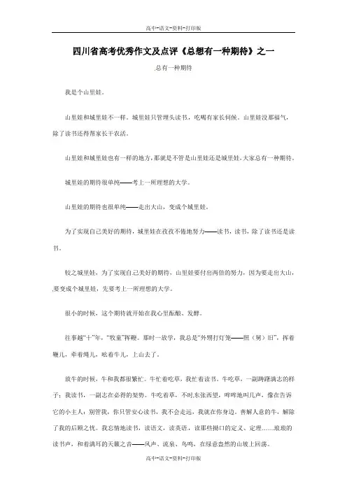 四川省高考优秀作文及点评《总想有一种期待》之一