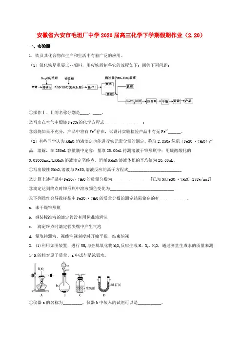 安徽省六安市毛坦厂中学2020届高三化学下学期假期作业2.20