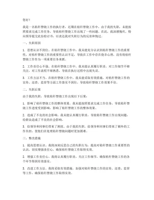 秸秆禁烧工作失职检讨书