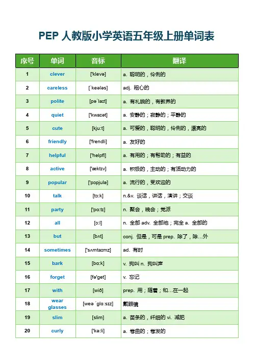 PEP人教版小学英语五年级上册单词表(含音标)