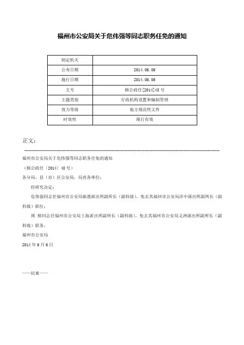 福州市公安局关于危伟强等同志职务任免的通知-榕公政任[2014]48号