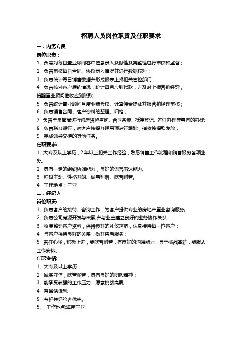 招聘人员岗位职责及任职要求