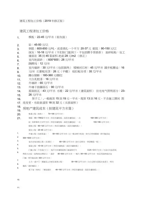 建筑工程劳务承包价格详细清单