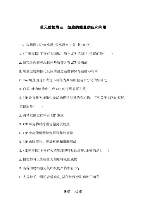 人教版高考生物学一轮总复习课后习题 第三单元 细胞的能量供应和利用 细胞的能量供应和利用 (2)