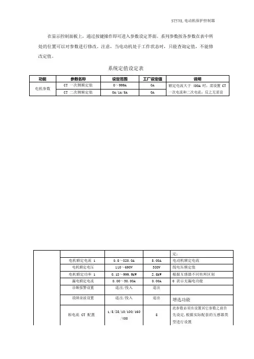 ST570L电动机保护控制器保护定值