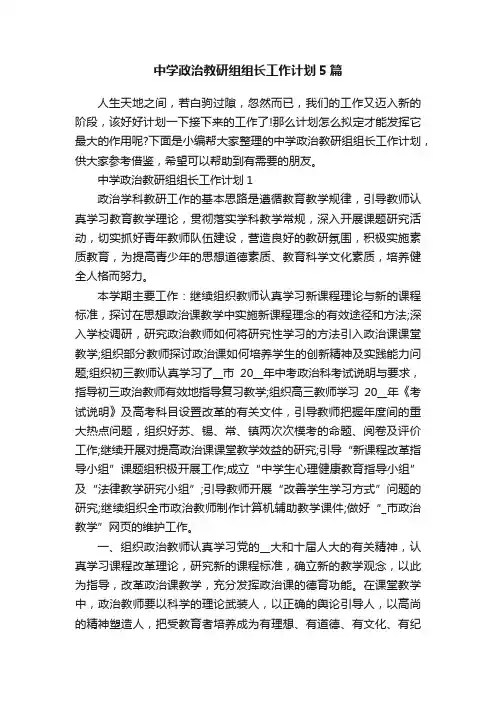 中学政治教研组组长工作计划5篇