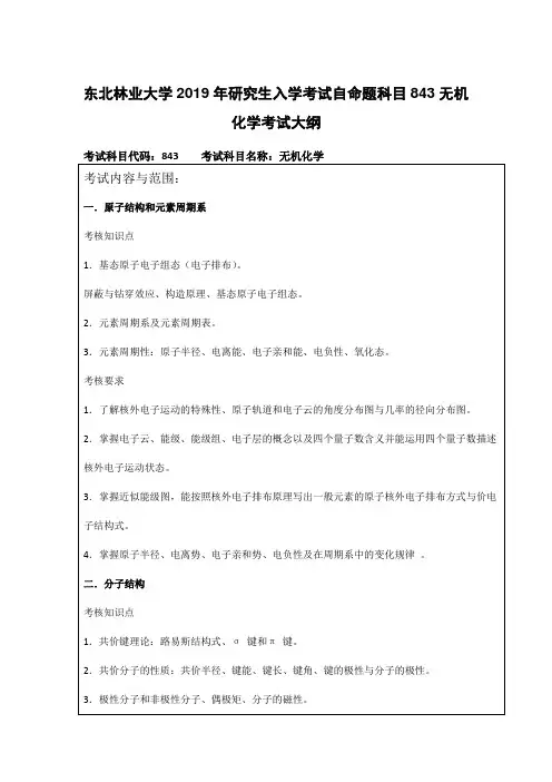 东北林业大学2019年研究生入学考试自命题科目843无机化学考试大纲