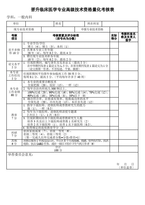 晋升临床医学专业高级技术资格量化考核表