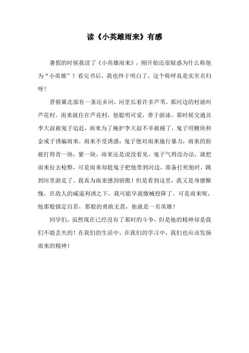 《小英雄雨来》读书笔记300字(小学生通用)