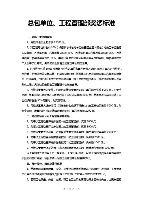 总包单位、工程管理部奖惩标准