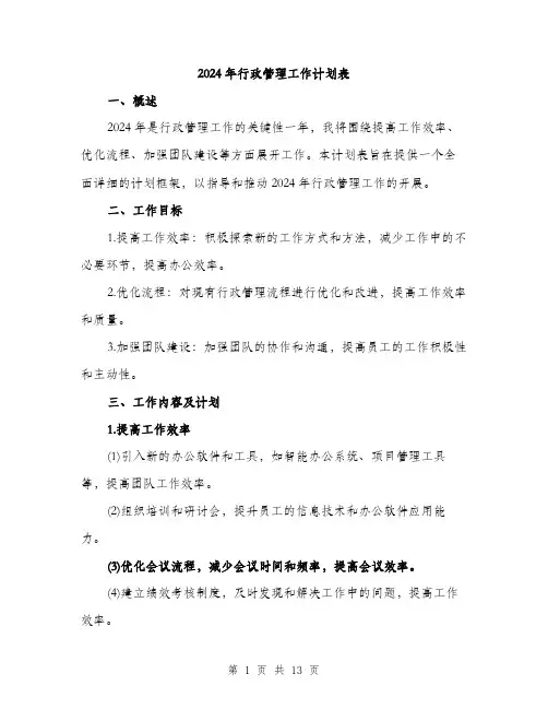2024年行政管理工作计划表(四篇)