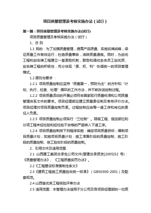 项目质量管理及考核实施办法（试行）
