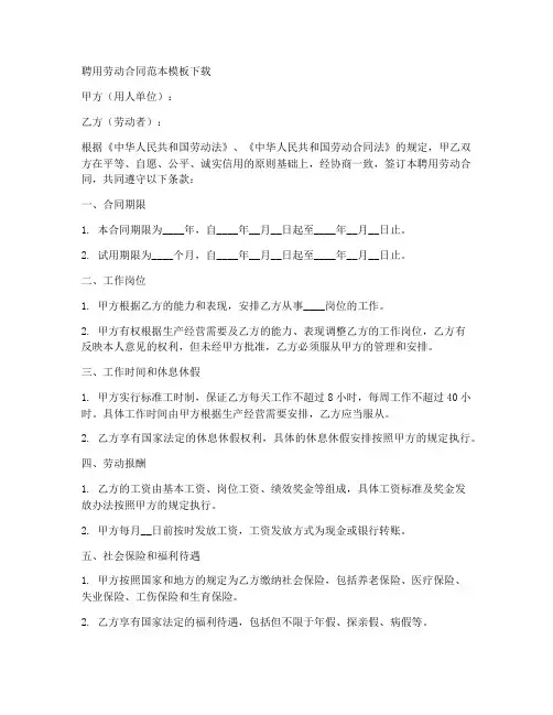 聘用劳动合同范本模板下载