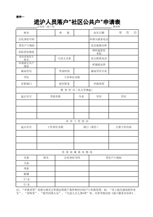 进沪人员落户社区公共户申请表(正面)