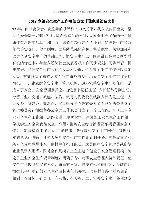 2018乡镇安全生产工作总结范文【独家总结范文】